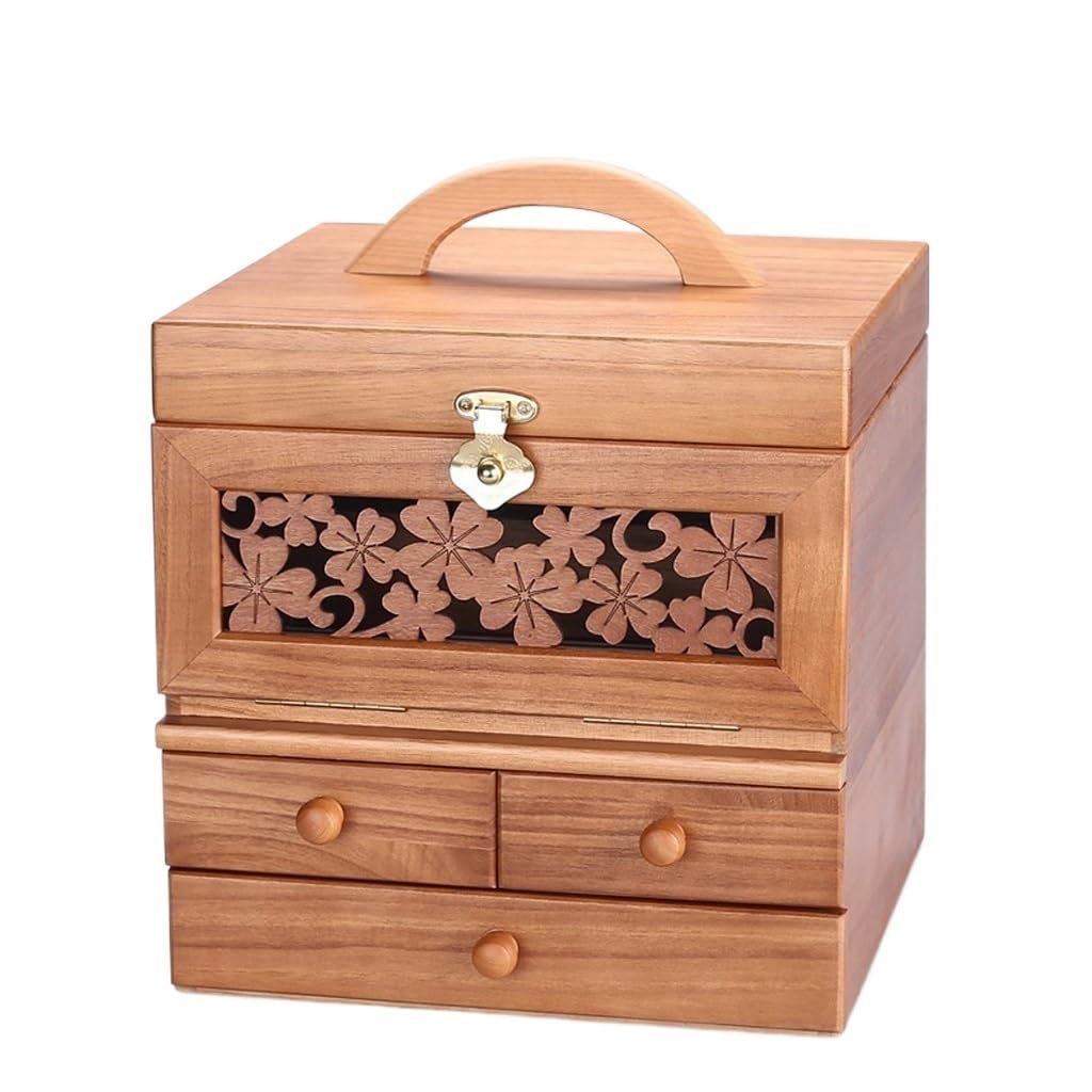 FMURY Search Wood Crafts Duża pojemność Retro wielowarstwowe rzeźbione pudełko do przechowywania kosmetyków
