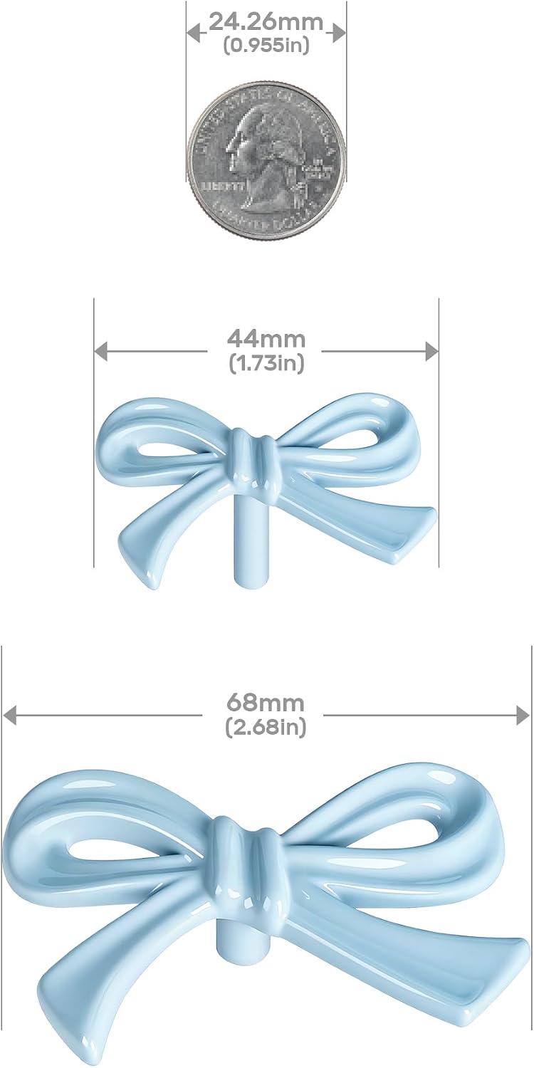 4 Pack Blue Bow Dresser Knobs, Large Decorative Cabinet Drawer Pull Handles for Girls Bedroom and Nursery Room Decor