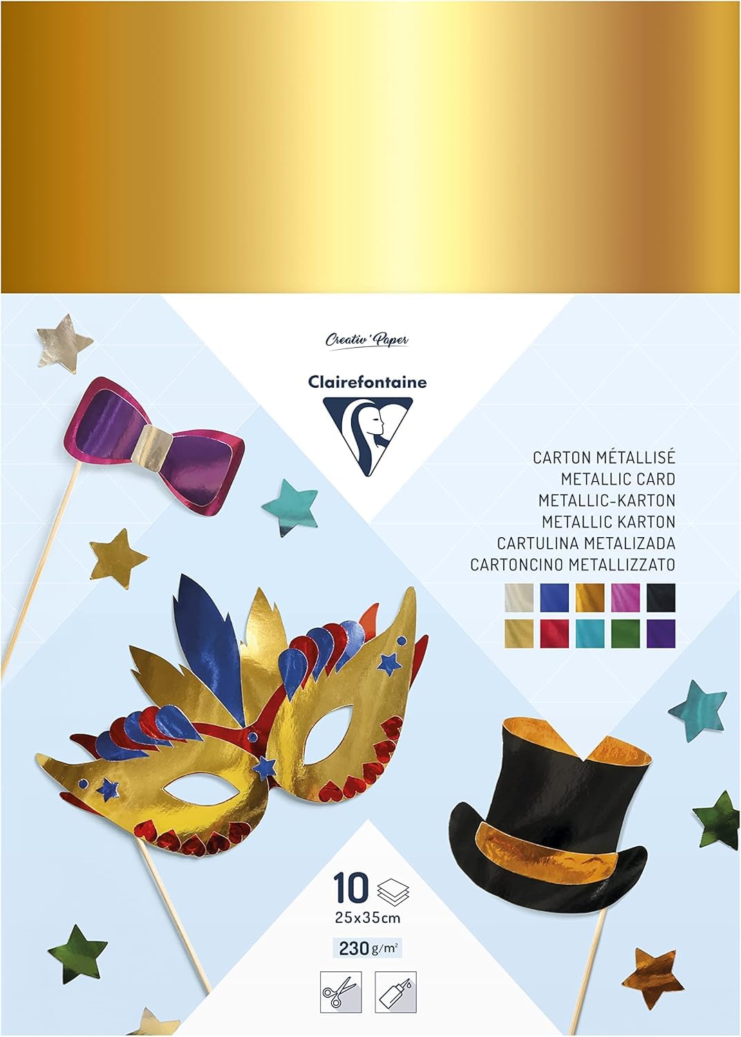Clairefontaine 354595C - Pack of 10 sheets of metallic cardboard 25x35 cm 230g, assorted colours - Arts and Crafts - Creative - Fun - Children's Activity