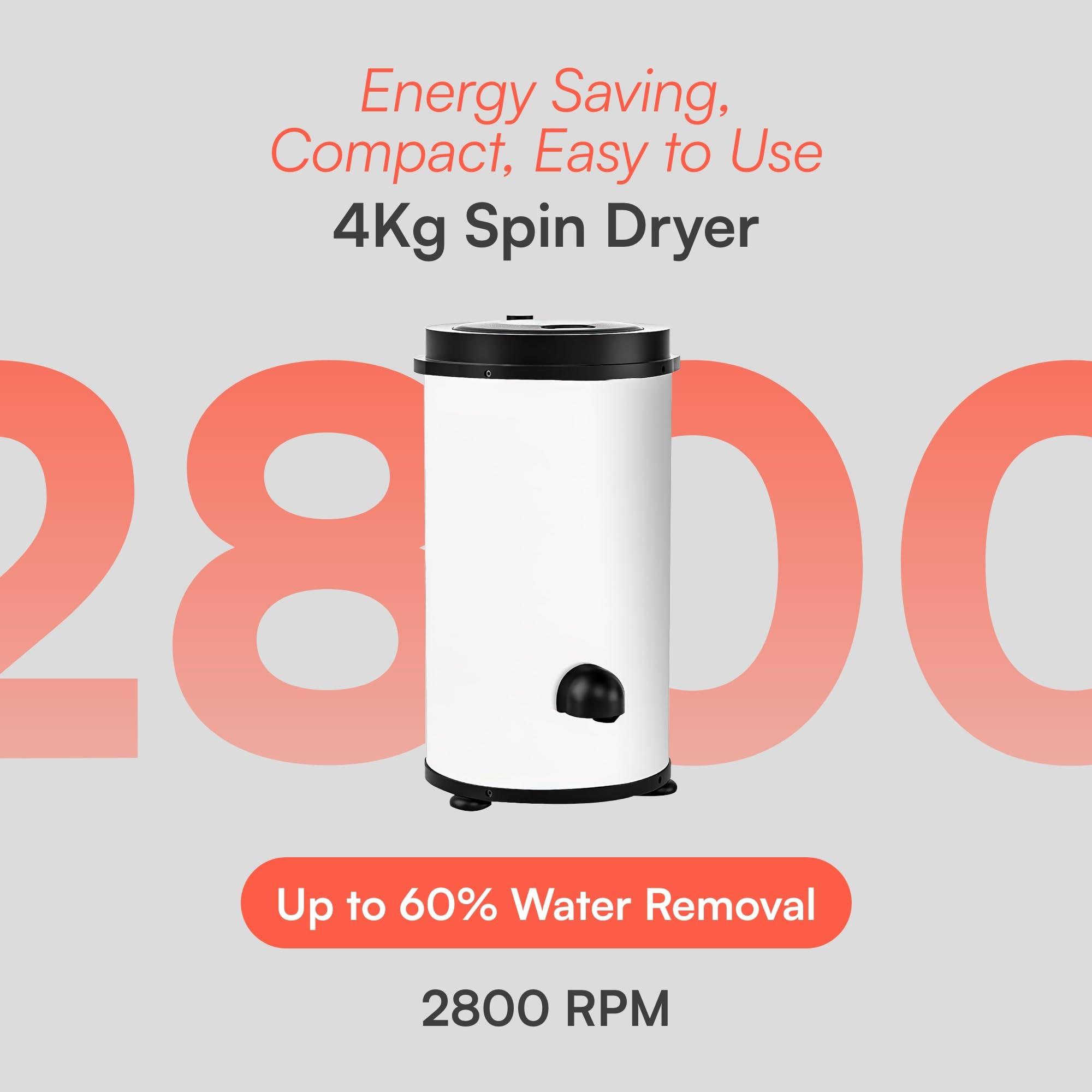 Cookology Spin Dryer 4kg Capacity in White - Energy Saving & Efficiency Saving Spinner - 2800RPM - Compact & Portable Design - Deep Cleaning for Clothes - Remove Water Content — view 2
