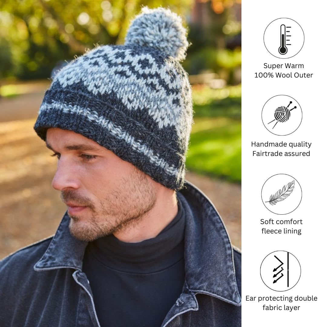 Pachamama Men Wool Beanie Bobble Hat Fleece Lined Handknitted Contemporary Fairisle One-Size Handmade Extra Warm Fair Trade Charcoal image 2