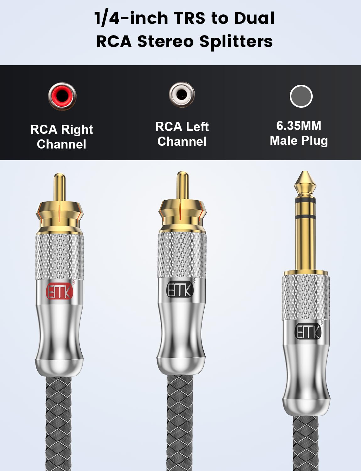 EMK Kabel 1/4 na cinch, wtyczka TRS 1/4 cala na 2 wtyczki cinch, kabel audio, gniazdo stereo 6,35 mm na kabel wtykowy Dual-Cin, kabel rozdzielający Y (8 m, srebrny)