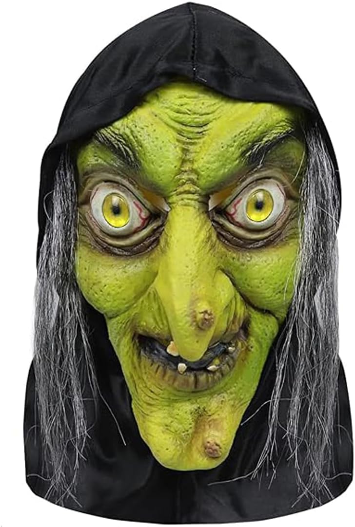 Witch Mask with Headcloth and Wig, Latex Woman Mask Halloween Old Witch Costume Dress up Scary Witch Costumes Party Props
