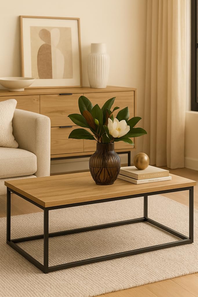 Mesa de Centro Negra Rectangular con Estructura Metálica – 100x50x40 cm – Tapa de Melamina de 30 mm – Diseño Moderno e Industrial para Salón