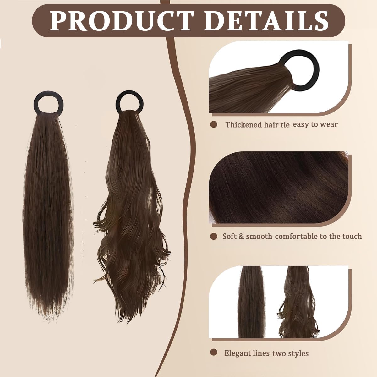 Jetstream 2 Piezas Coleta Postiza, Extensiones Pelo Rizado, Coleta Pelo Natural, Castaño Oscuro, Cabello Liso y Coleta Rizada, Adecuado para Mujeres y Niñas