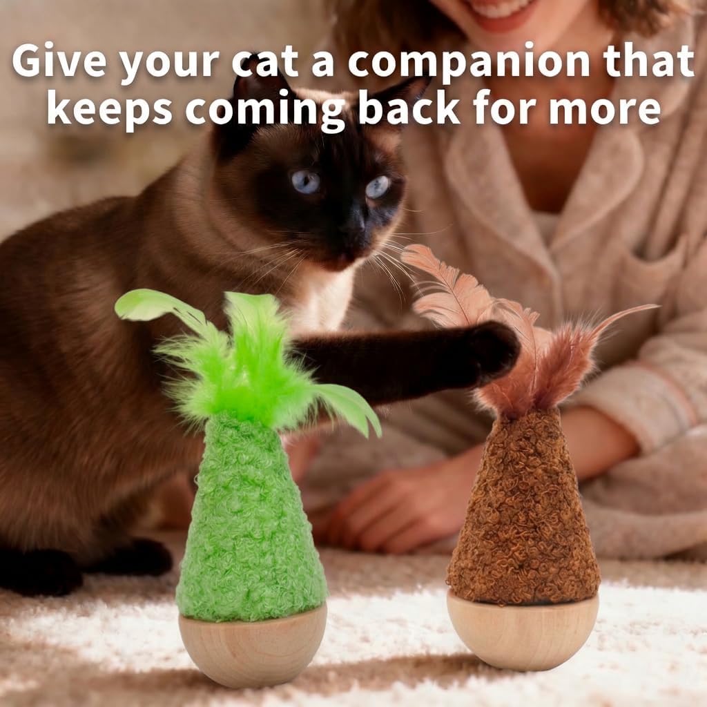2 Pack Cat Feather Toys Wooden Tumbler - Interactive Wobble Self-Righting Plush Stuffed Toys for Indoor Cats & Kittens, Catnip Free Cute Kicker Chaser Set image 2
