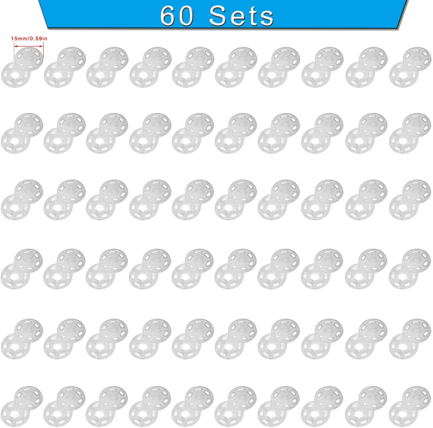 Betoplin 60 Sets Plastic Snaps Buttons, Clear Sew on Snaps Fasteners for Clothing Crafts (15mm/0.59inch)