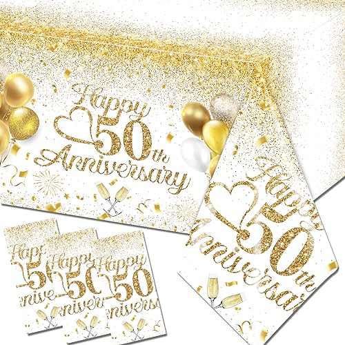 Image of Happy 50th Anniversary Table Cloth,50 Year Anniversary Decorations 3Pcs White and Gold Tablecloth Waterproof Rectangular Table Cover for 50 Year Old Birthday Party Supply