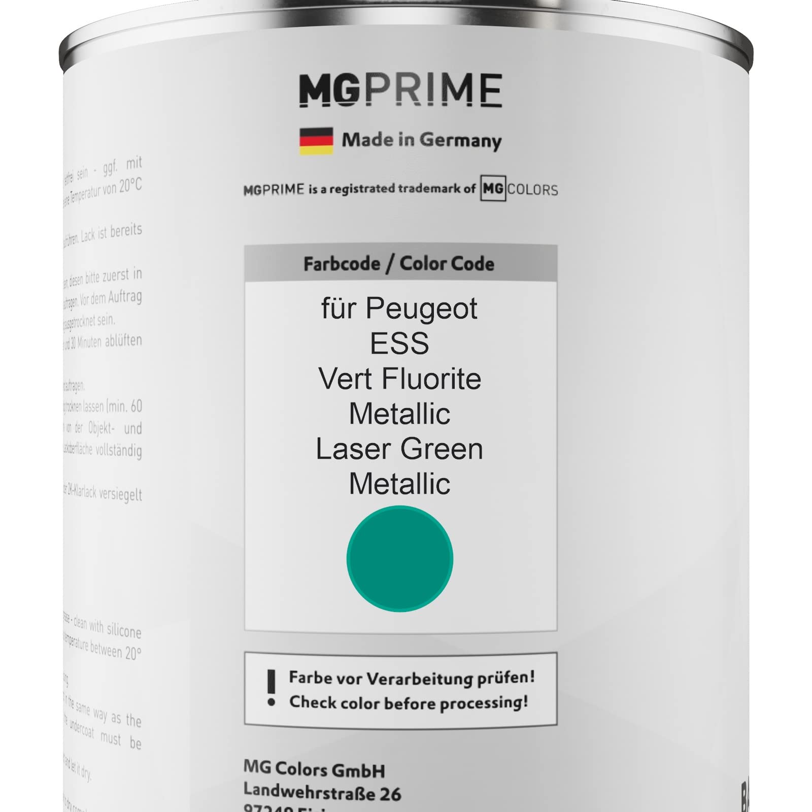 MG PRIME Lakier samochodowy Zestaw puszek dla Peugeot ESS Vert Fluorite Metallic/Laser Green Metallic Lakier bazowy 2K Utwardzacz do lakieru bezbarwnego gotowy do natrysku 2,5L
