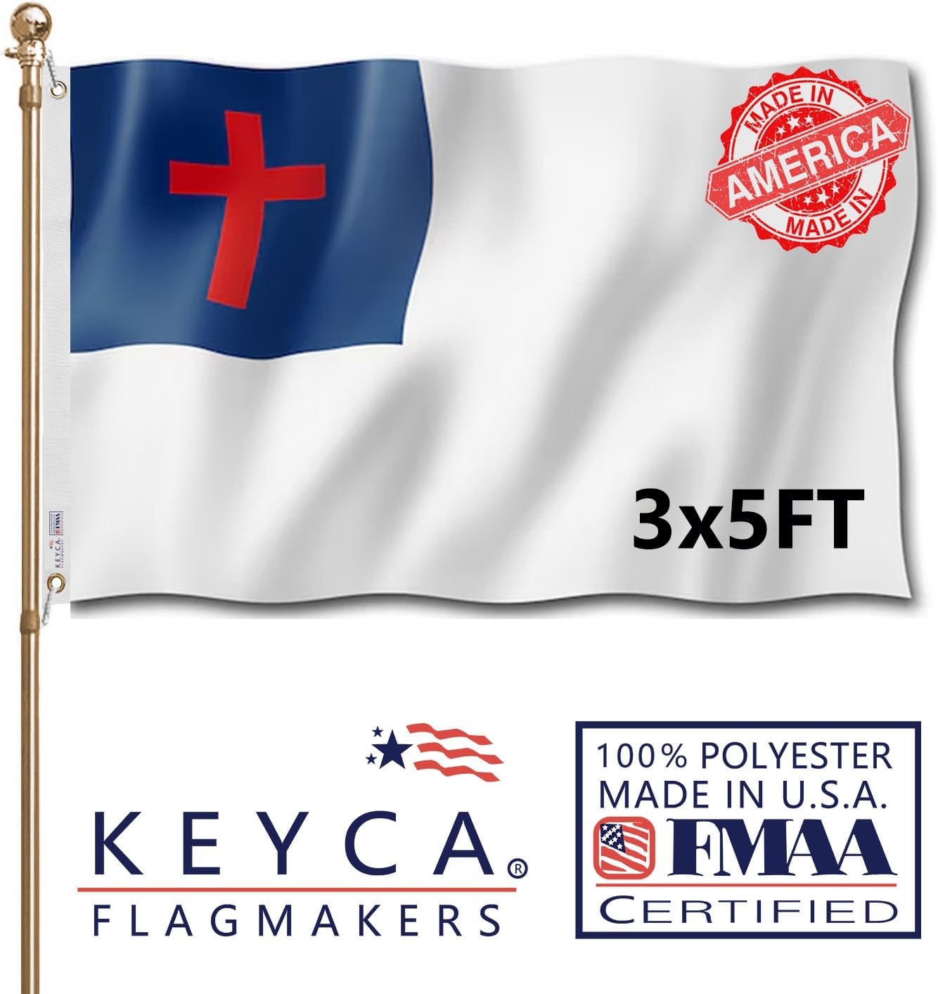 Christian Cross Flag 3x5 FT Made in The USA- Heavy Duty Vibrant Colors Double Sided Christianity Church Jesus Faith Flag with 2 Brass Grommets for Home/Company/Indoor Outdoor Decoration