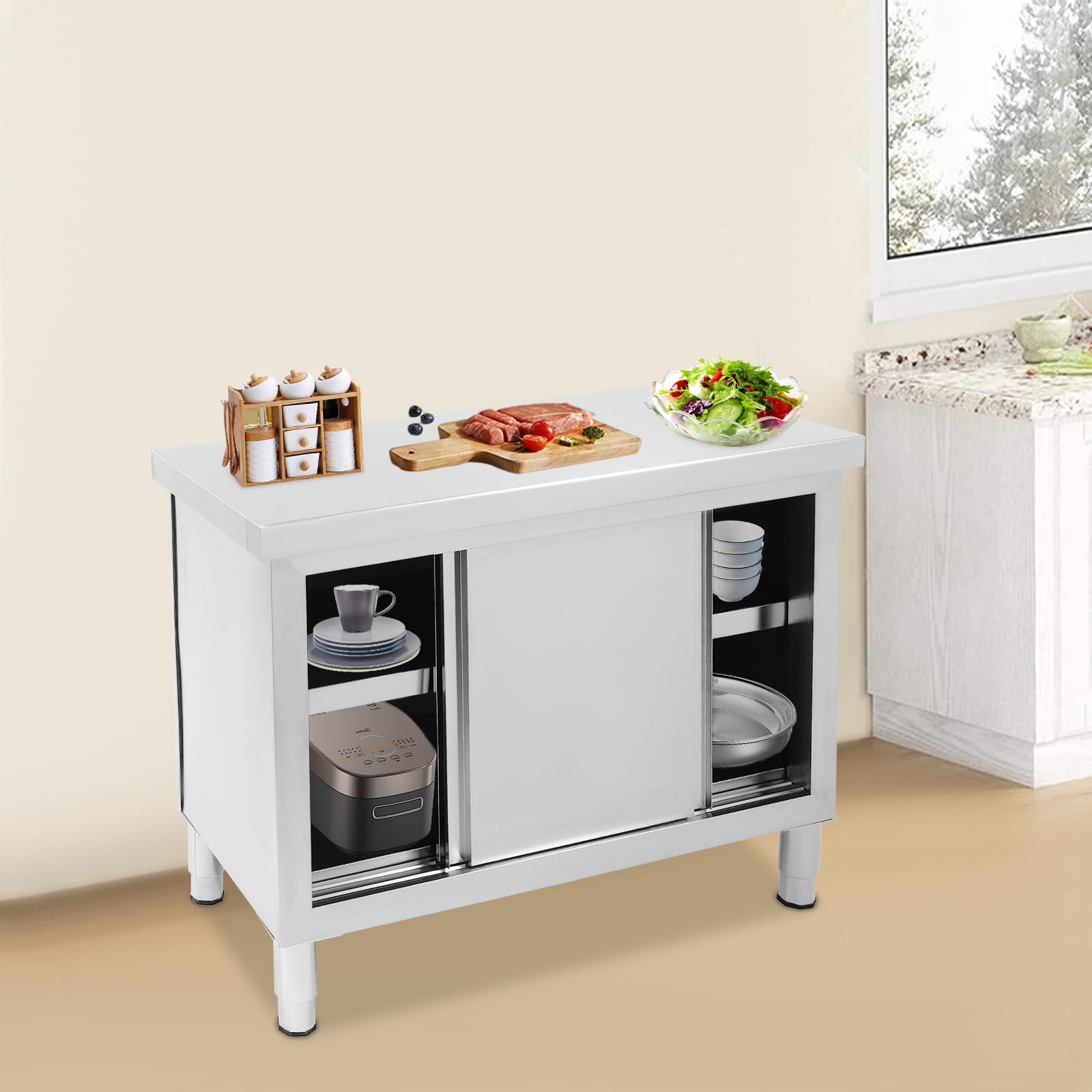 Armadio da lavoro con ante scorrevoli, in acciaio inox, con armadio, 120 x 50 x 95 cm, in acciaio inox, per cucina, ristorante, officina e garage