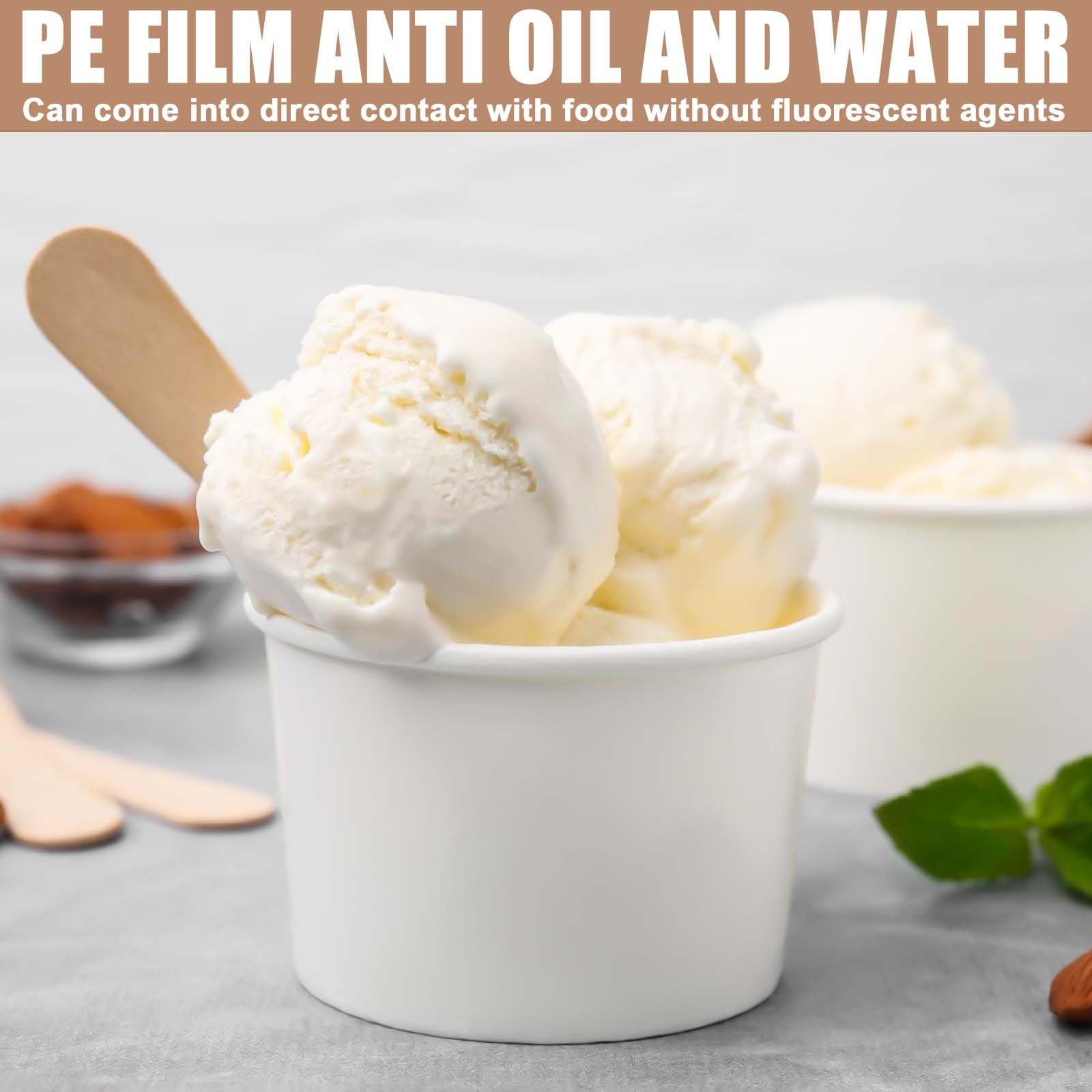 50 bicchieri da gelato universali in cartone ecologico, 240 ml, in carta, con 50 cucchiai, in cartone, compostabili, per gelato, yogurt, finger food, bianco