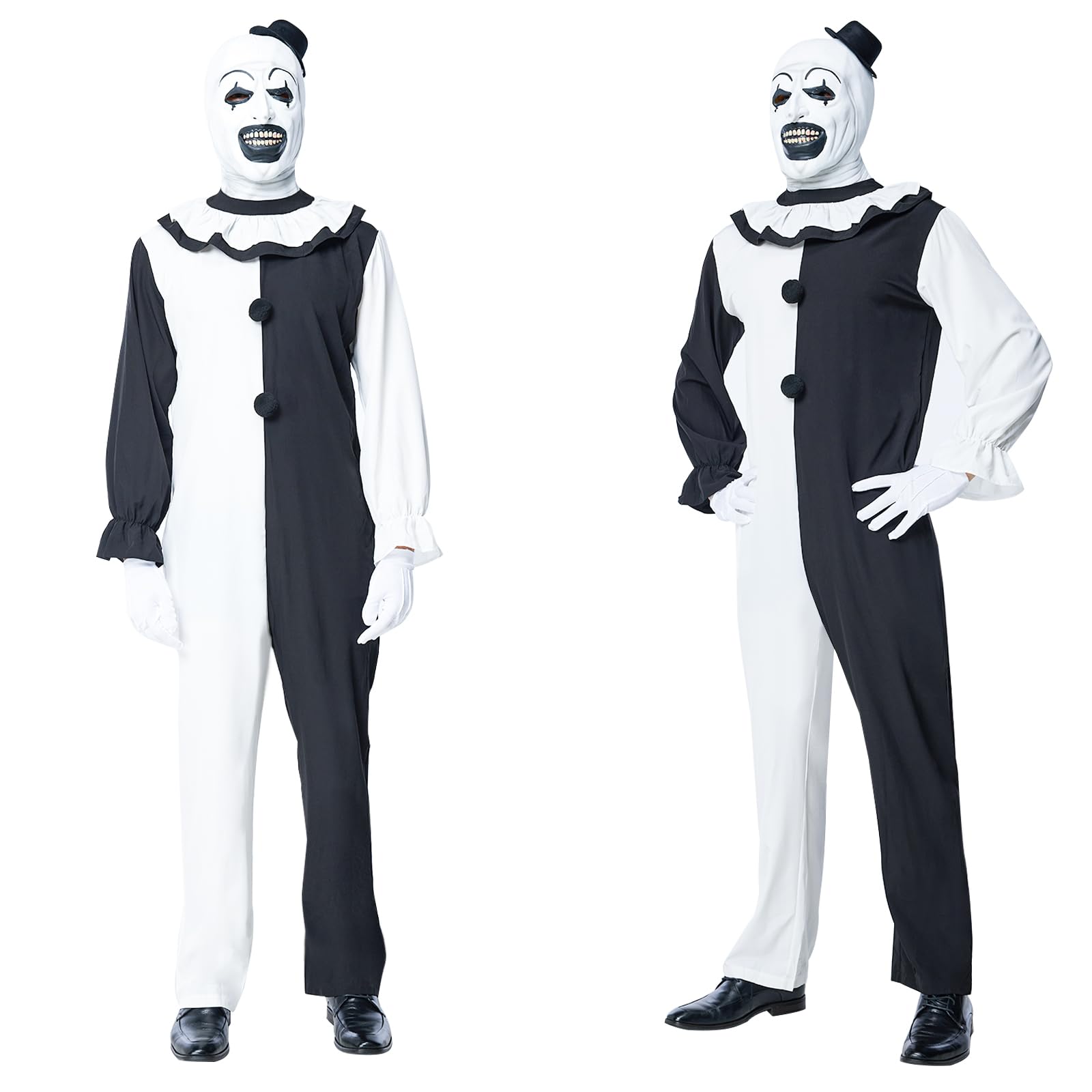 IEEILULU Disfraz Payaso Asesino Hombre, Disfraz Payaso Terror Hombre Conjunto de Disfraz Payaso Terrifier con Mono Negro Blanco y Máscara de Sombrero de Payaso Terrifier para Halloween Carnaval