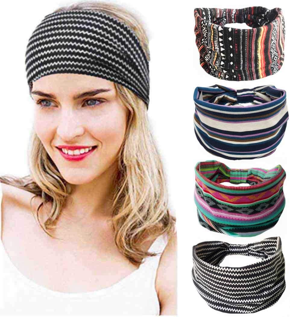 Bohend Boho Wide Headbands Black Stretchy Hair Bands Bohomian Knotted Headwear Yoga Headband Cotton Sport Head bands for Women and Girls(4 Pack)