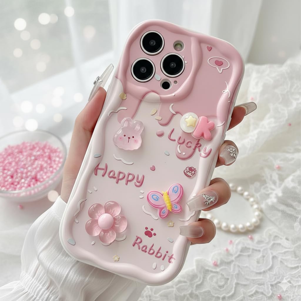 Cute 3D Bunny Phone Case Compatible with iPhone 17 Pro Max - Pink Floral TPU Shockproof Case with Strap, Kawaii Aesthetic Phone Cover for Girls, Gift for Her (iPhone 16 Pro Max) image 3