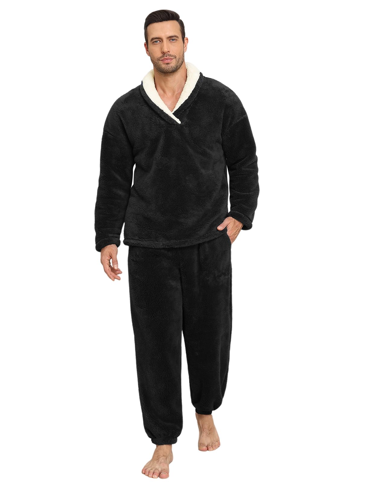 Uikue Mens Pajamas Set Long Sleeve Soft Fleece Fluffy Sleepwear Winter Warm Pjs Lounge Sets Flannel Sleepwear with Pockets