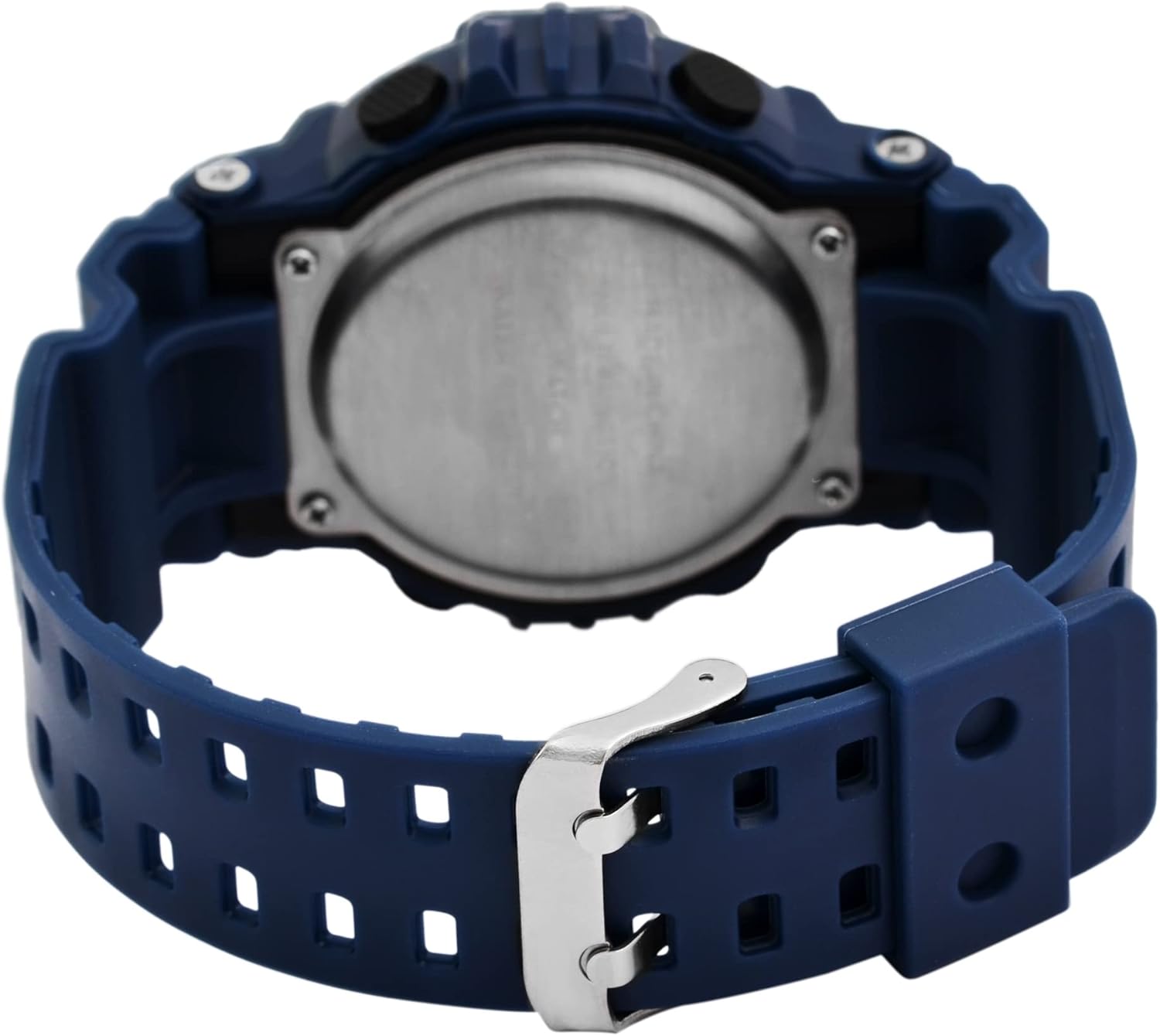 Z powrotem view of the XINJIA Digital Watch Model 2400018, showing the stainless steel case back and the blue silicone strap with a silver buckle.