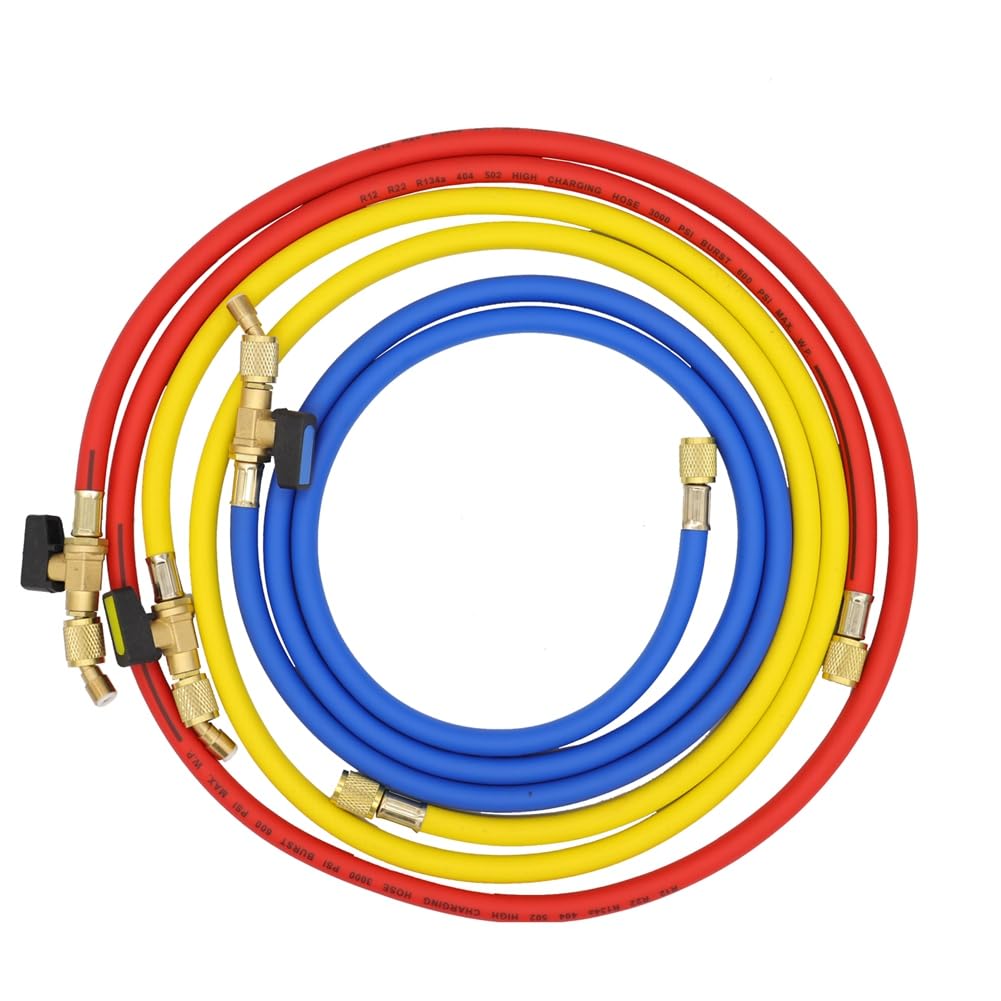 Tubi Flessibili di Ricarica Refrigerante A/C da 1,6 M con Valvole A Sfera HVAC 1/4 Pollici SAE Adatti per Aggiunta di Refrigerante R134A R12 e Aria Condizionata