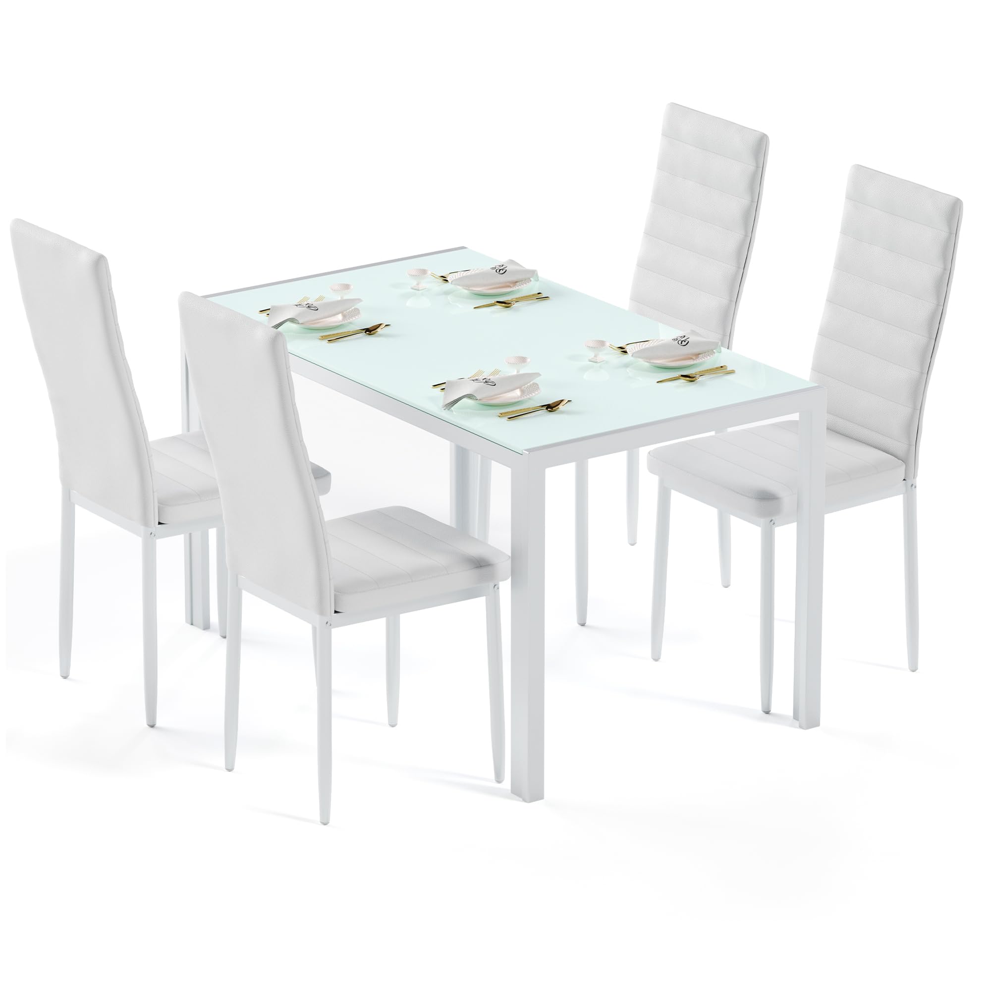 Bealife Set Tavolo e Sedie da Pranzo, 4 Sedie Confortevoli, Tavolo in Vetro Temperato, per Cucina, Stanza da Pranzo e Soggiorno (4 sedie, bianca)