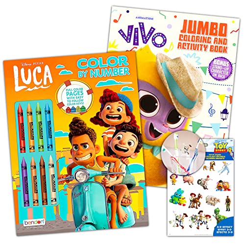 Disney Luca Coloring Book and Sony Pictures Vivo Coloring Book Bundle ~ Vivo and Luca Activity Books with Coloring Pages, Games, and More with Over 40 Toy Story Stickers