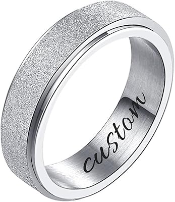 Matching Rings,Best Friend Spinner Ring for Women Anxiety Relief Fidget Custom Engraving Band for Men Sand Blast Glitter Finish Silver Color 6mm Width