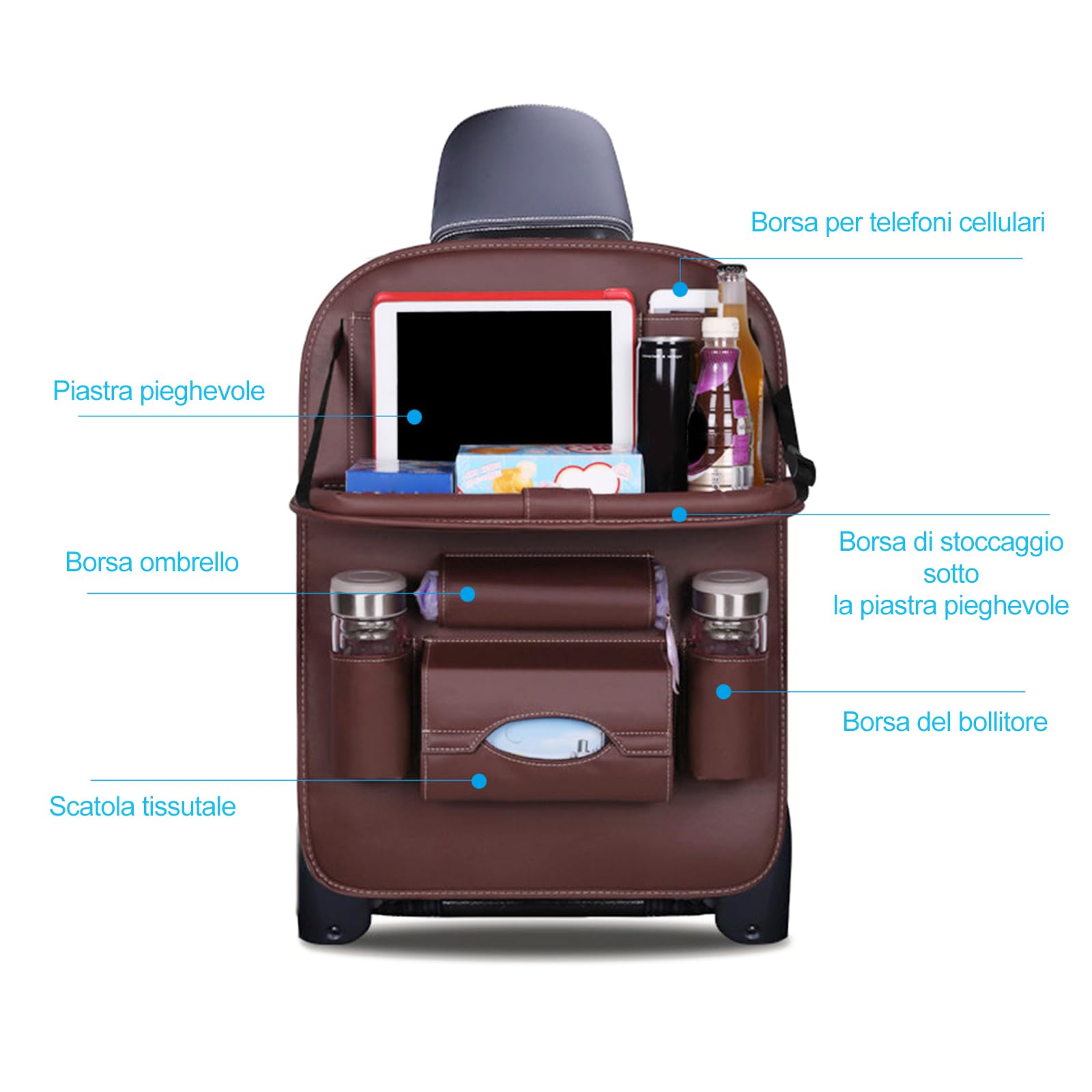 Ergocar Organizer per sedile posteriore auto, tappetino in pelle PU di lusso, supporto pieghevole per tablet, multifunzione, protezione per lunghi viaggi