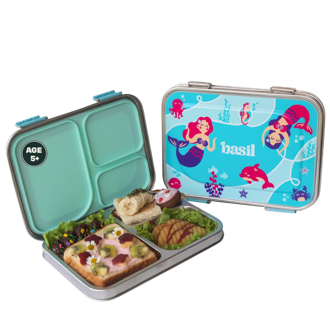 Basil Bento Box – 900 ml 3-Compartment Stainless Steel Lunch Box for Kids | Leak-Proof Tiffin for School | Aqua Mist