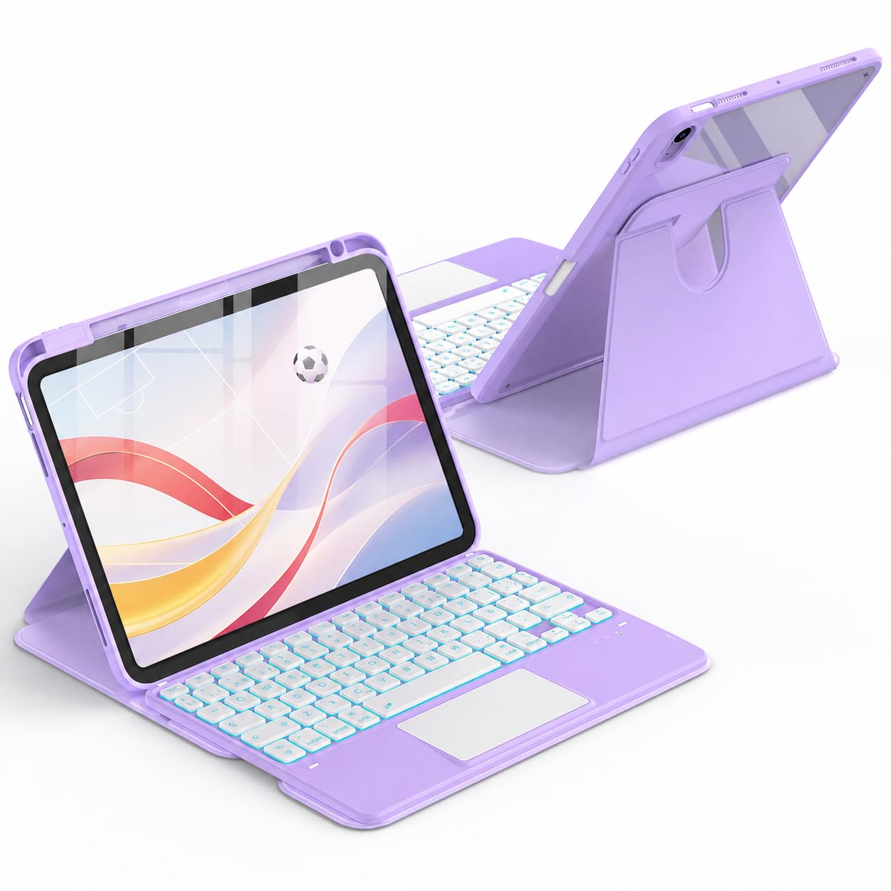 CACOE Funda con Teclado para iPad Air 11 Pulgadas (M4 2026/M3 2025/M2 2024) | y 4.ª / 5.ª Generación con Panel Táctil , Retroiluminación de 7 Colores, Giratorio 360° Teclado Inalámbrico Extraíble, Morado