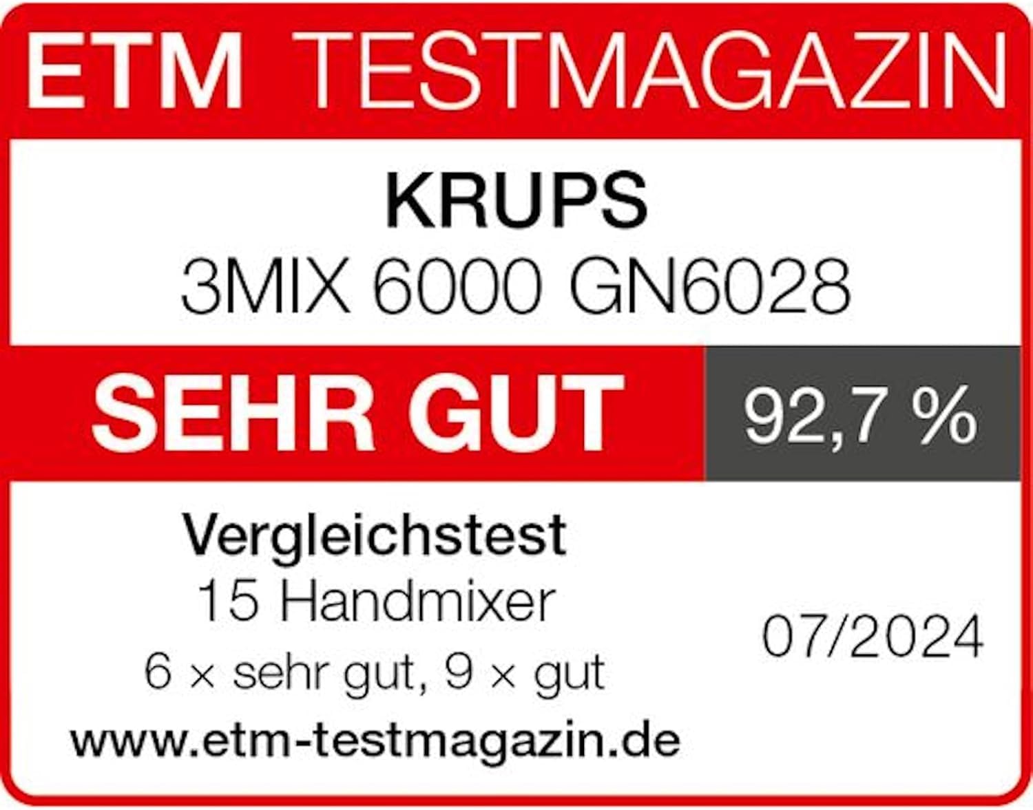 Krups GN6028 3MIX 6000 Mikser ręczny moc 600 W, precyzyjna kontrola, uchwyt Soft-Touch, długi kabel, regulator prędkości, w zestawie parę trzepaczek i hak, czarny