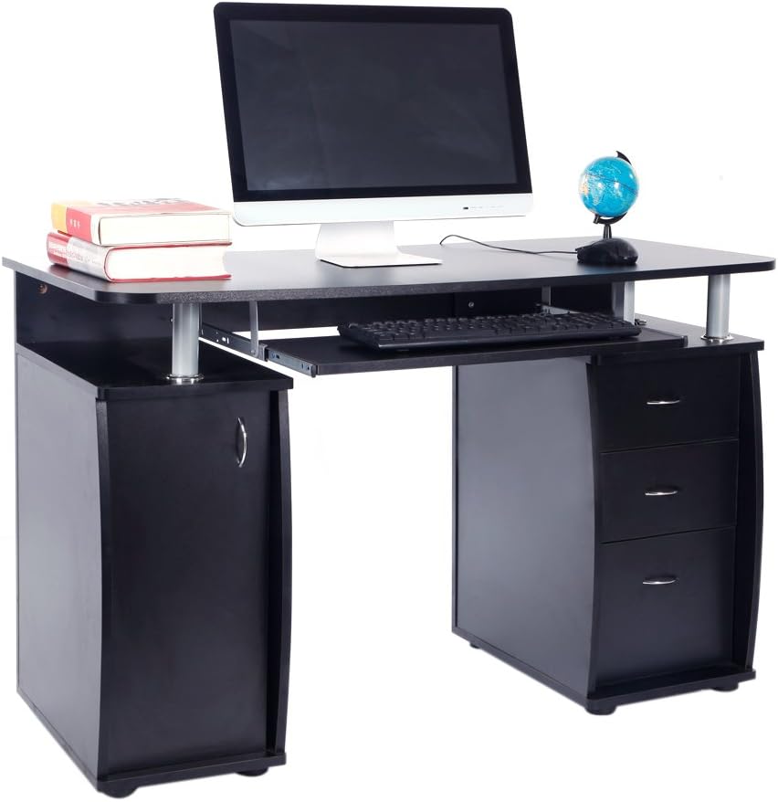 Computer Desk, Home Office PC Laptop Table with Storage Drawers & Shelf(Black）