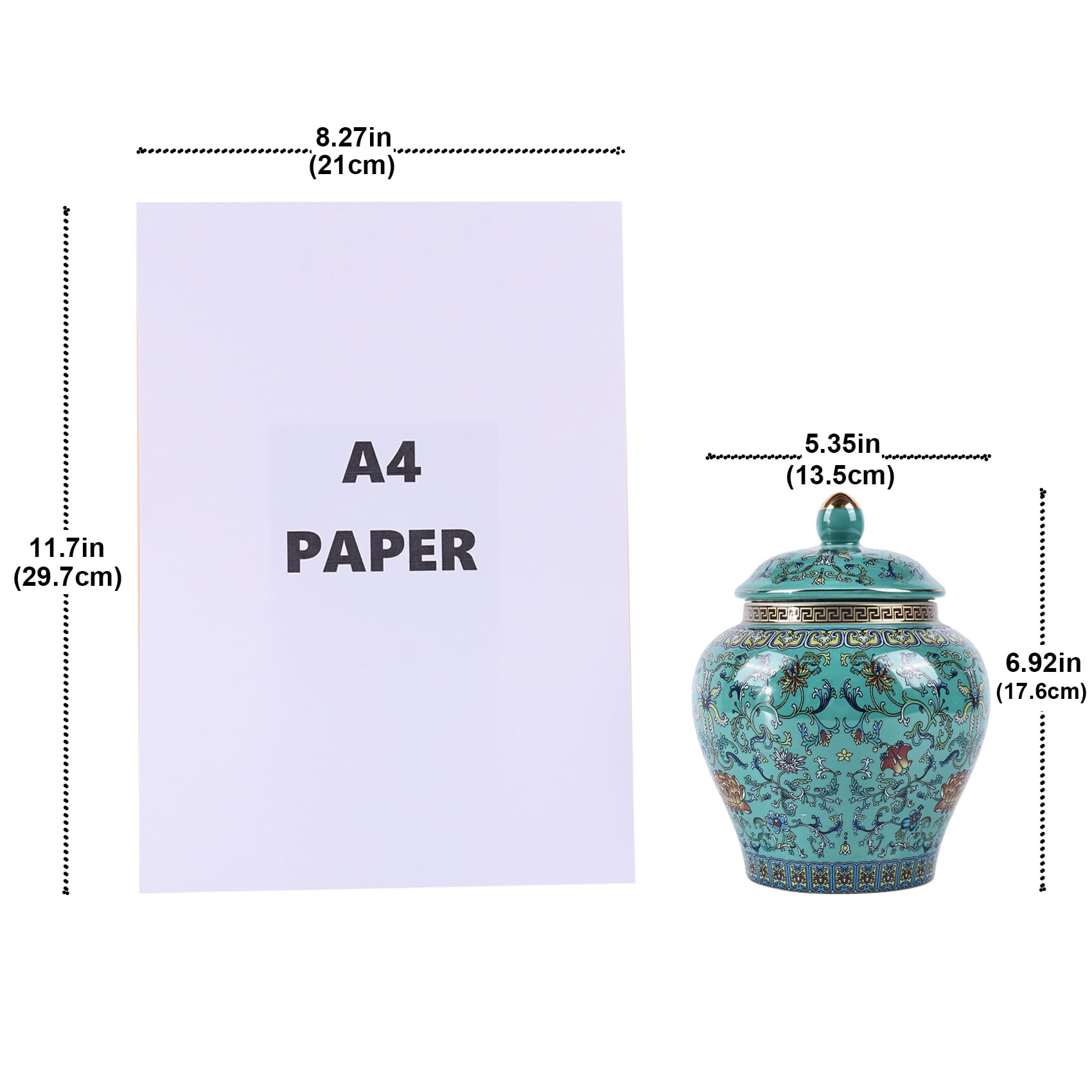 Handgefertigtes Emaille-Ingwergefäß - Lebhaft gefärbte Chinoiserie-Vase, blau-weiße Porzellan-Keramik-Dekorgefäß mit Deckel für Heimdekoration und Aufbewahrung (General Green)