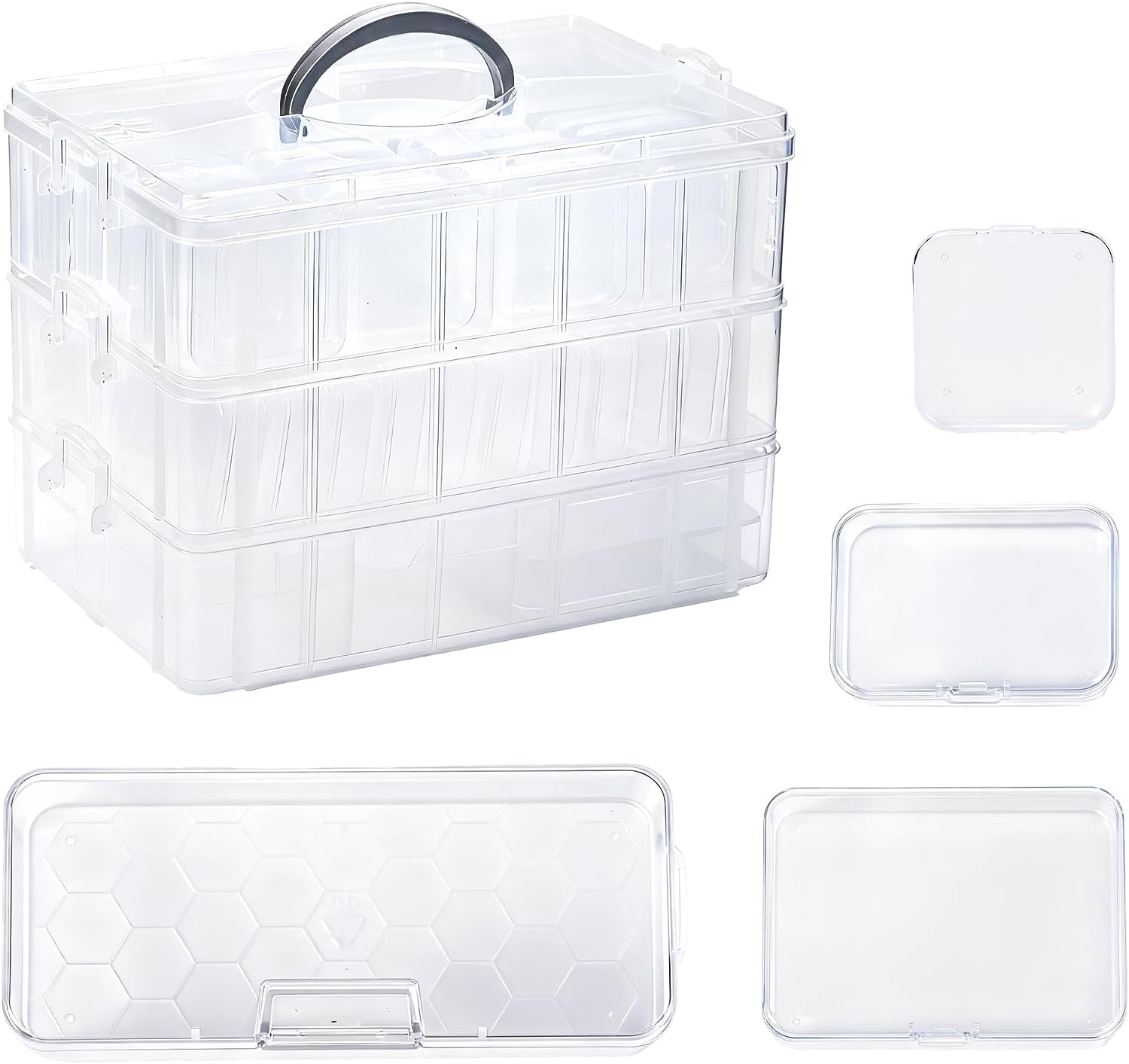 Bead Containers Storage Box for Art Craft Storage,3-Tier Stackable Storage Organizers,61pcs Pieces Plastic Storage Cases Mini Clear Bead Storage Containers Transparent Boxes