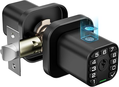 Richelock Fingerprint Door Knob Smart Biometric Door Lock with Keypad Keyless Entry Code Door Knob Waterproof Auto Lock Voice Navigation for Bedroom Gate Office Matte Black