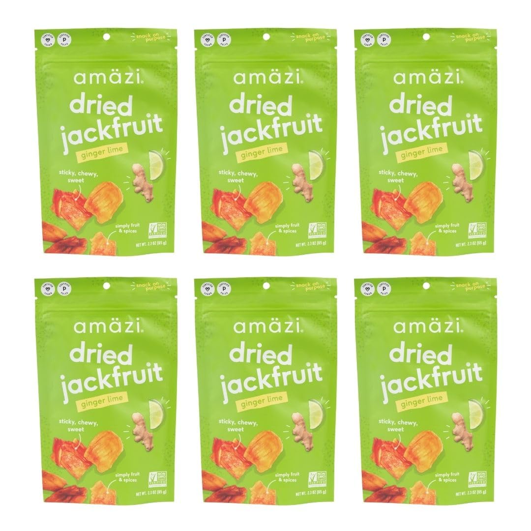 Amäzi Foods | Ginger Lime Dried Jackfruit (6 Pack) | All Natural Snacks | Gluten Free Healthy Dried Fruit Snacks