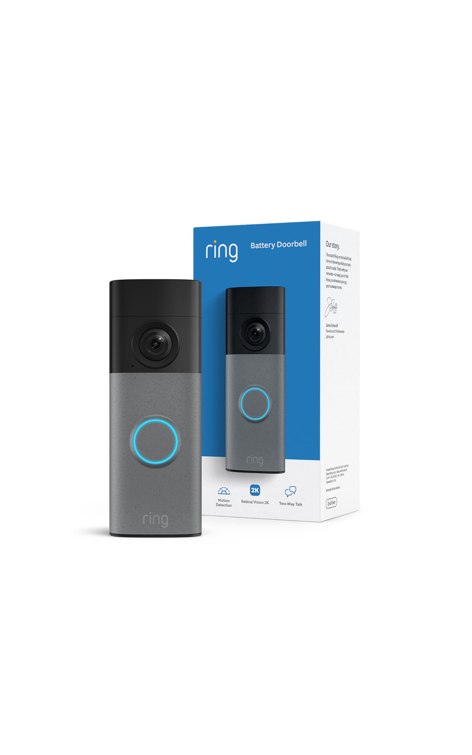 Ring Battery Doorbell (newest model), Retinal 2K with wide-angle video, up to 6x Enhanced Zoom, Two-Way Talk, and Built-In Battery, Speckled Gray - 2