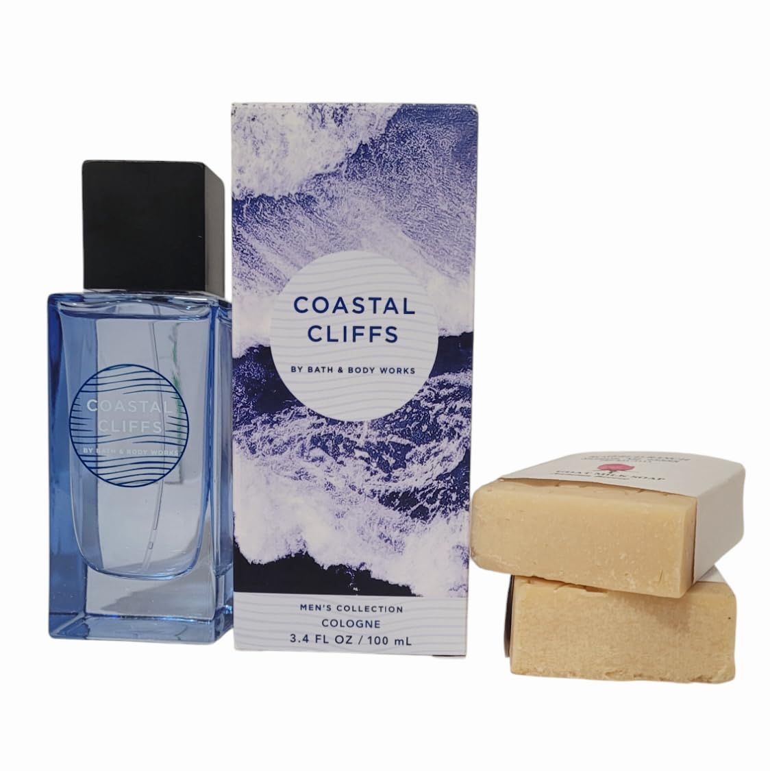 Bath And Body Coastal Cliffs Mens Fragrance Cologne Spray (Coastal Cliffs) 3.4 oz. and Rosebud Ranch Goat Milk Soap Sample