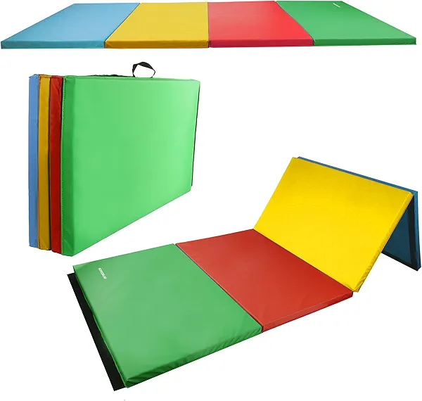 Fitvids Folding Exercise Gymnastics Mat 4'x8'x2" Gym Workout Mat with Carrying Handles High-Density Anti-Tear Portable Fitness Aerobics Mats for Home Gym Yoga Pilates Tumbling MMA Core Training, Multiple Colors