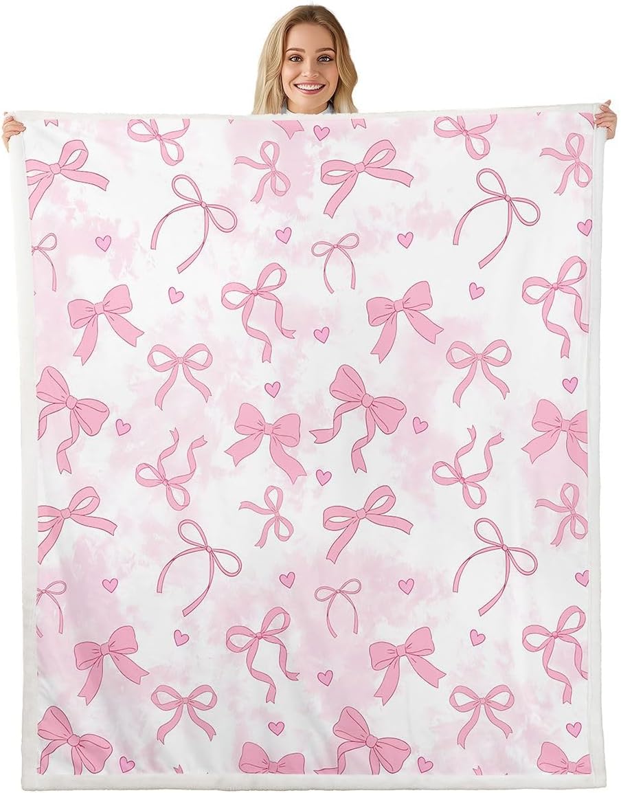 Feelyou Pink Bow Sherpa Blanket Plush Fuzzy Cute Bowknot Heart Pattern Fleece Throw Blanket Boys Girls Pink Tie Dye for Bed Couch Chair Living Room Aesthetic Bedroom Decor Twin 60"x80"