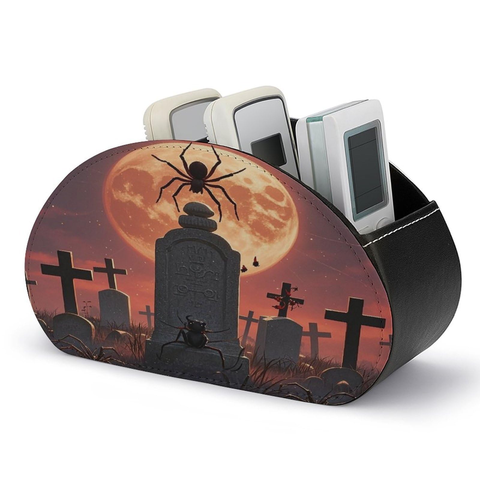 FekiLoot Spider Graveyard Remote Control Holder PU Leather Tabletop Organizer with 5 Compartments Storage Tray & Desktop Organizer for TV Remotes Glasses Pens