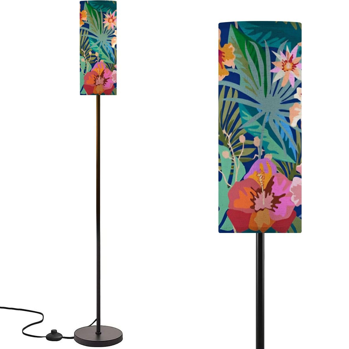 Modern Floor Lamp for Living Room Bright Seamless pattern palm leaves exotic flowers Flourish print 3 Color Dimmable Standing Lamp with Remote Control Metal Pole Lamp for Bedroom Nursery Reading