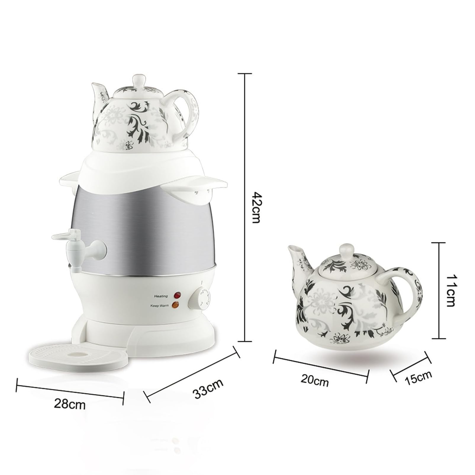 Turecki dzbanek do herbaty, Samowar ze stali nierdzewnej 1800 W, z 5-litrowym i ceramicznym czajniczkiem 1 litr, funkcja utrzymywania ciepła rękojeść zapobiegająca oparzeniom, do kawy, czarnej herbaty