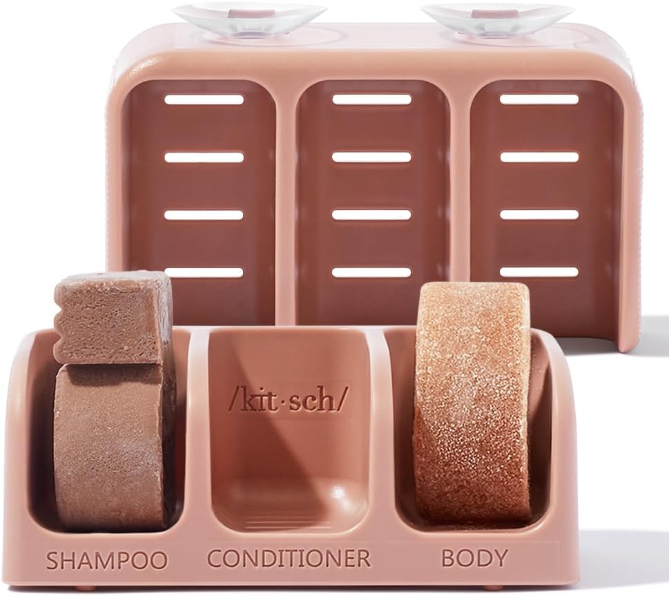 Self-Draining Soap Dish For Shower - Recycled Plastic Bar Holder Shampoo Bar, Conditioner & Body Wash | Chic 3 Bars With Removable Suction Cups