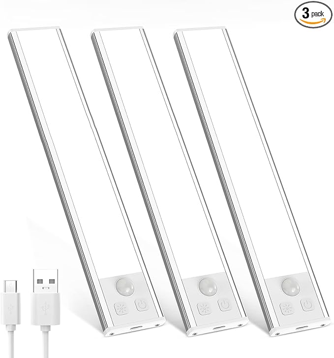 Photo 1 of 3 Pack Under Cabinet Lights, 32 LED Cold White Rechargeable Under Cabinet Lighting Motion Sensor LED Lights for Kitchen, Counter, Closet, Stairs (Silver - Cold White Light, 8.07 Inch - 3 Pack)