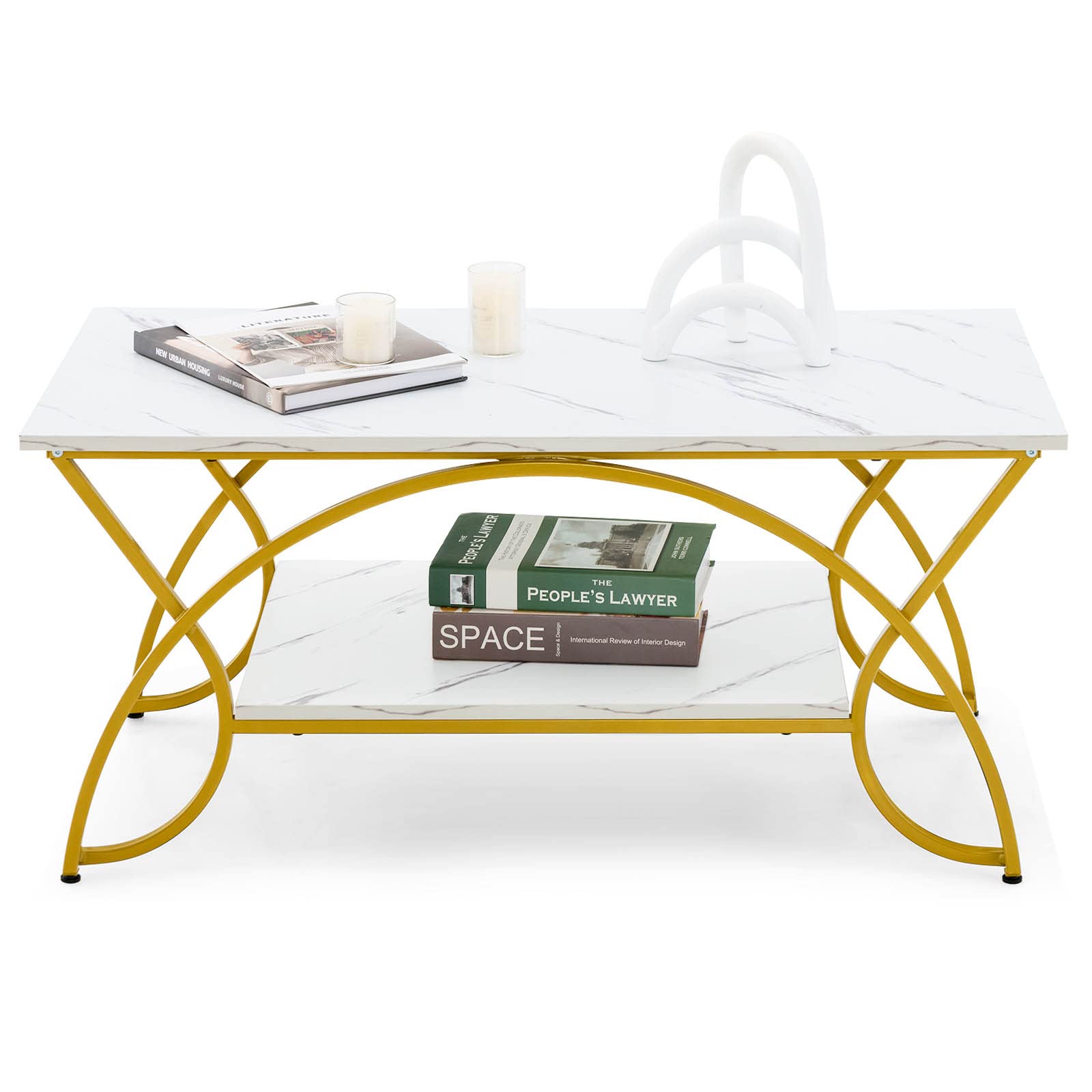 LIFEZEAL Mesa de Centro de 2 Niveles Moderna de imitación de mármol, Estructura de Metal Dorado Estable para Almacenamiento, para Dormitorio, Sala de Estar, balcón (Blanco+Oro)