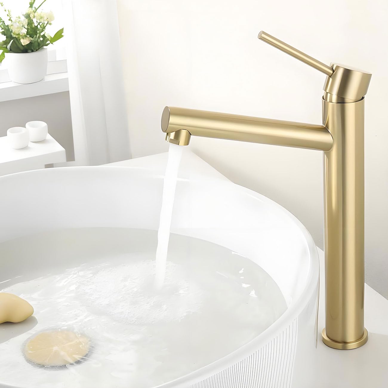 Rubinetto Lavabo Alto Oro, Angolo di Uscita Dell'acqua Umanizzato, Miscelatore Monocomando da Appoggio per Bagno, Acciaio Inox 304, Acqua Calda e Fredda, Aeratore Rimovibile