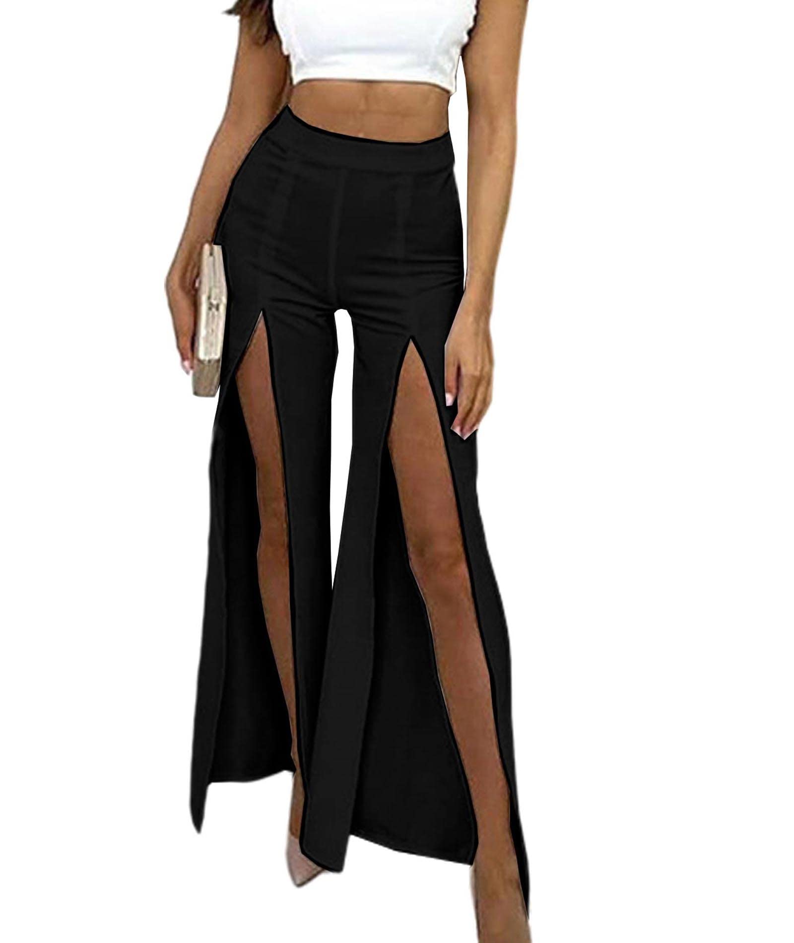 SEMATOMALA Womens Wide Leg Thigh High Split Elastic Waist Long Pants Elegant Full Length Flare Leg Streetwear Trousers