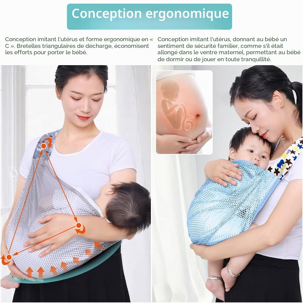 Écharpe de portage respirante pour bébé, Écharpe réglable pour bébé, Écharpe de portage pour bébé, Séchage rapide, Tissu en maille 3D, Sangles d'épaule épaisses, Élastique pour l'été, Piscine
