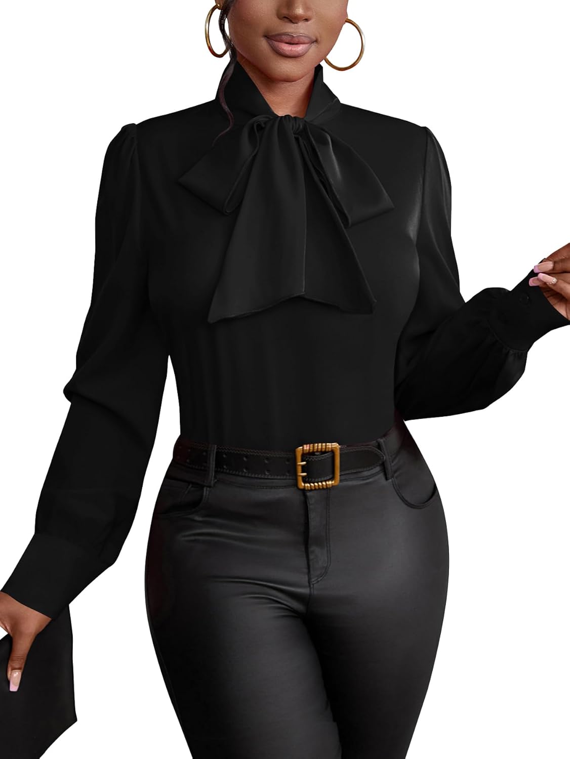 Vrtige Women's Elegant Bow Tie Neck Long Sleeve Blouse Office Shirt Top - Image 3