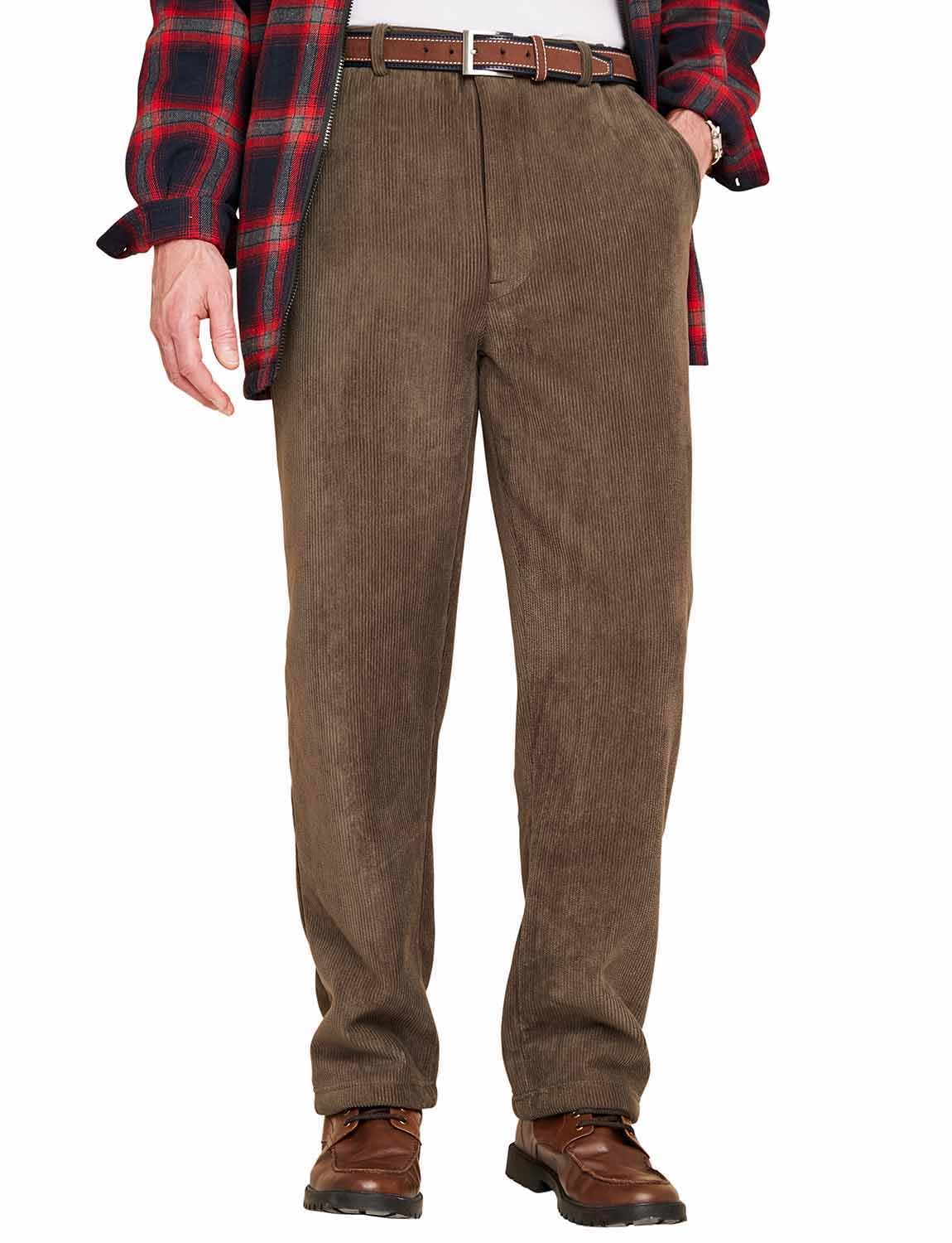 Pegasus Men's Olive Sherpa Lined Corduroy Trousers With Stretch Waist, 8 Wale Cord Thermal Pants With Button & Zip Fly 34W / 31L