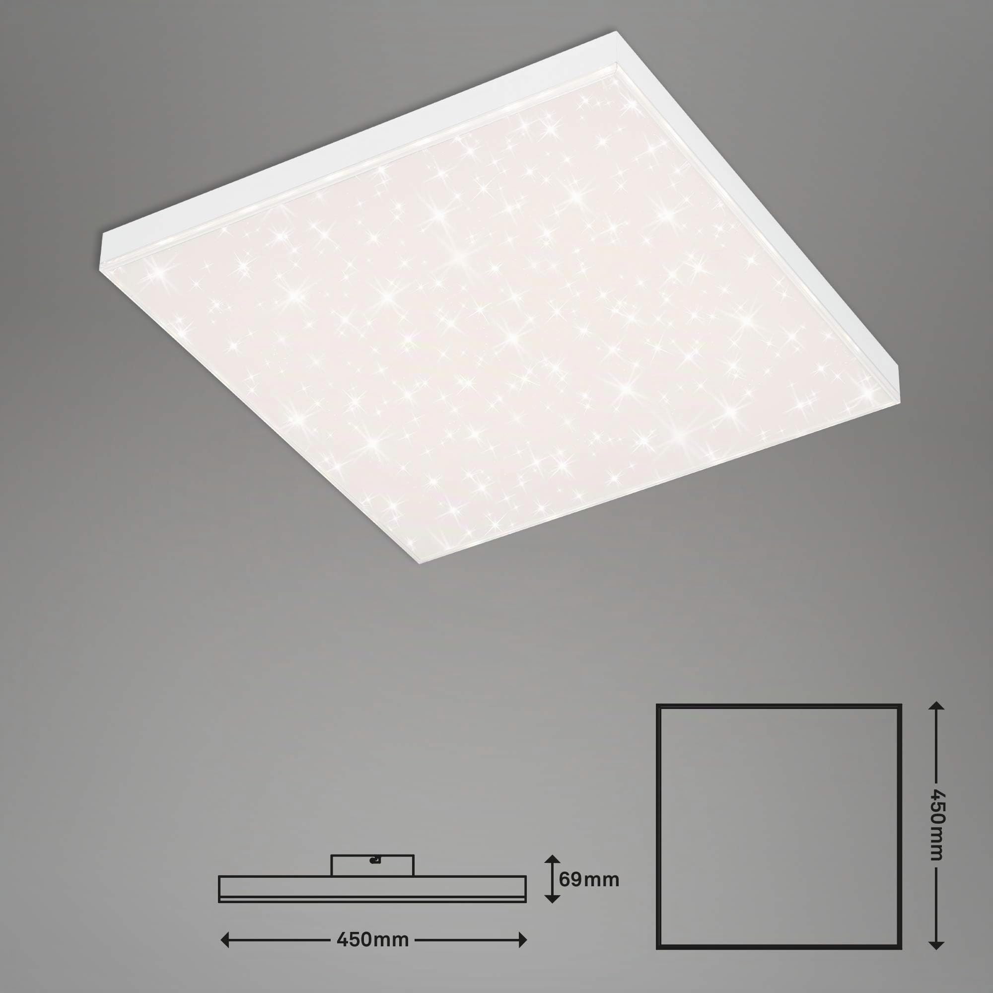 Briloner Leuchten - LED Panel, Deckenleuchte dimmbar, Deckenlampe mit Lichtkante, Sternendekor, inkl. Fernbedienung, Farbtemperatursteuerung, 24 Watt, 2.400 Lumen, Weiß, 450x450x69mm (LxBxH), 7381-116